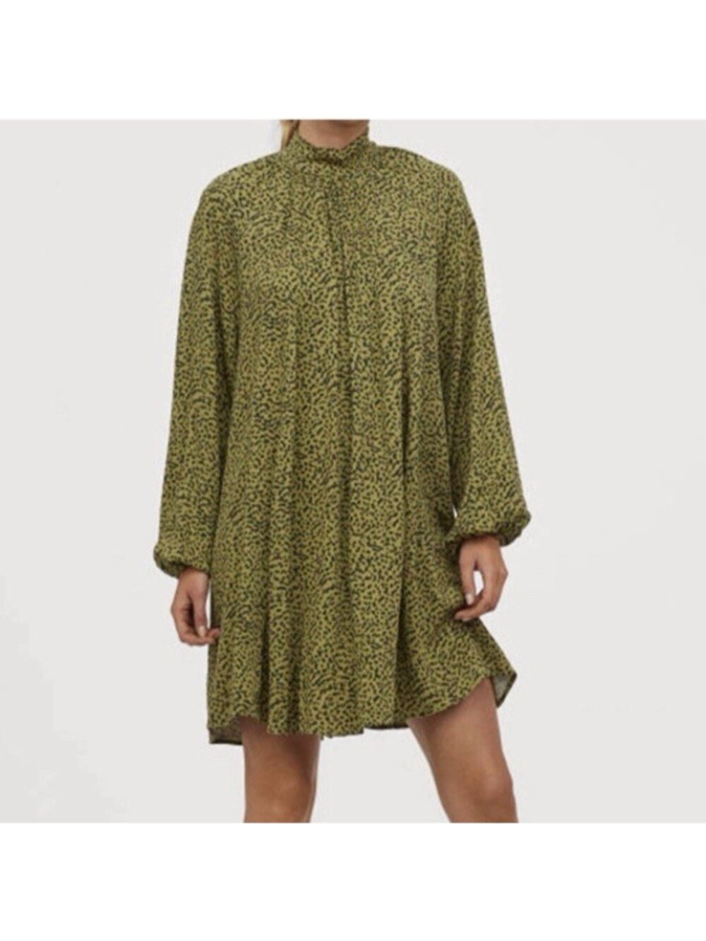 H&M High Neck Green Speckled Balloon Sleeve Dress US 10 Fall Winter